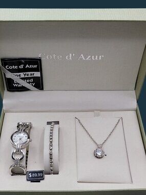 Cote d' Azur Clear Rhinestone Watch & Jewelry Set Bracelet Necklace Quartz Watch